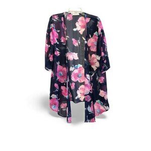 Emerald Blue & Pink Sheer Flowing Kimono Cardigan Cruise Party Jacket Medium